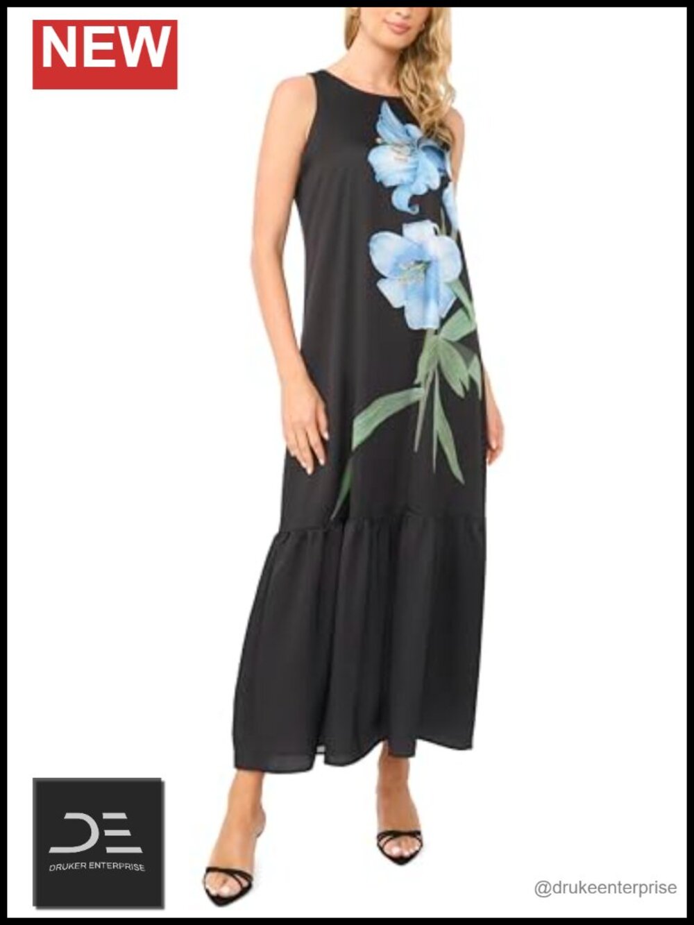 Women's High Neck Drop Waist Tiered Maxi Dress Sleeveless Floral Print